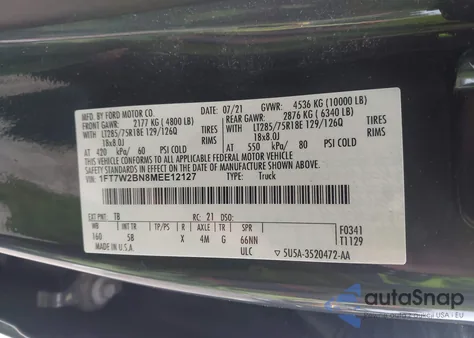 2021 Ford F-250 Lariat z USA, uszkodzony, nr VIN 1FT7W2BN8MEE12127